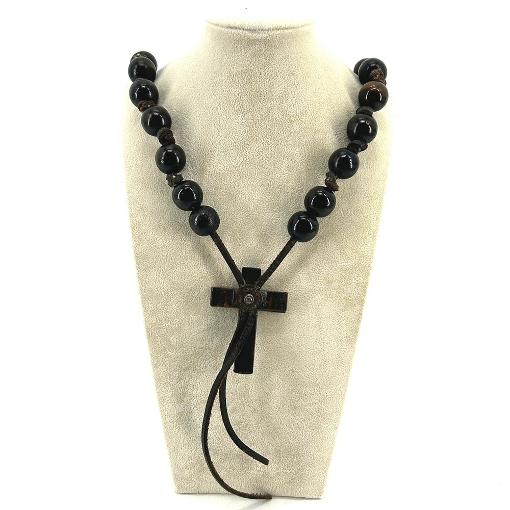 Jan Barboglio Leather Rosary Blessing Beads Cross Retired Forged Iron Pendant32"
